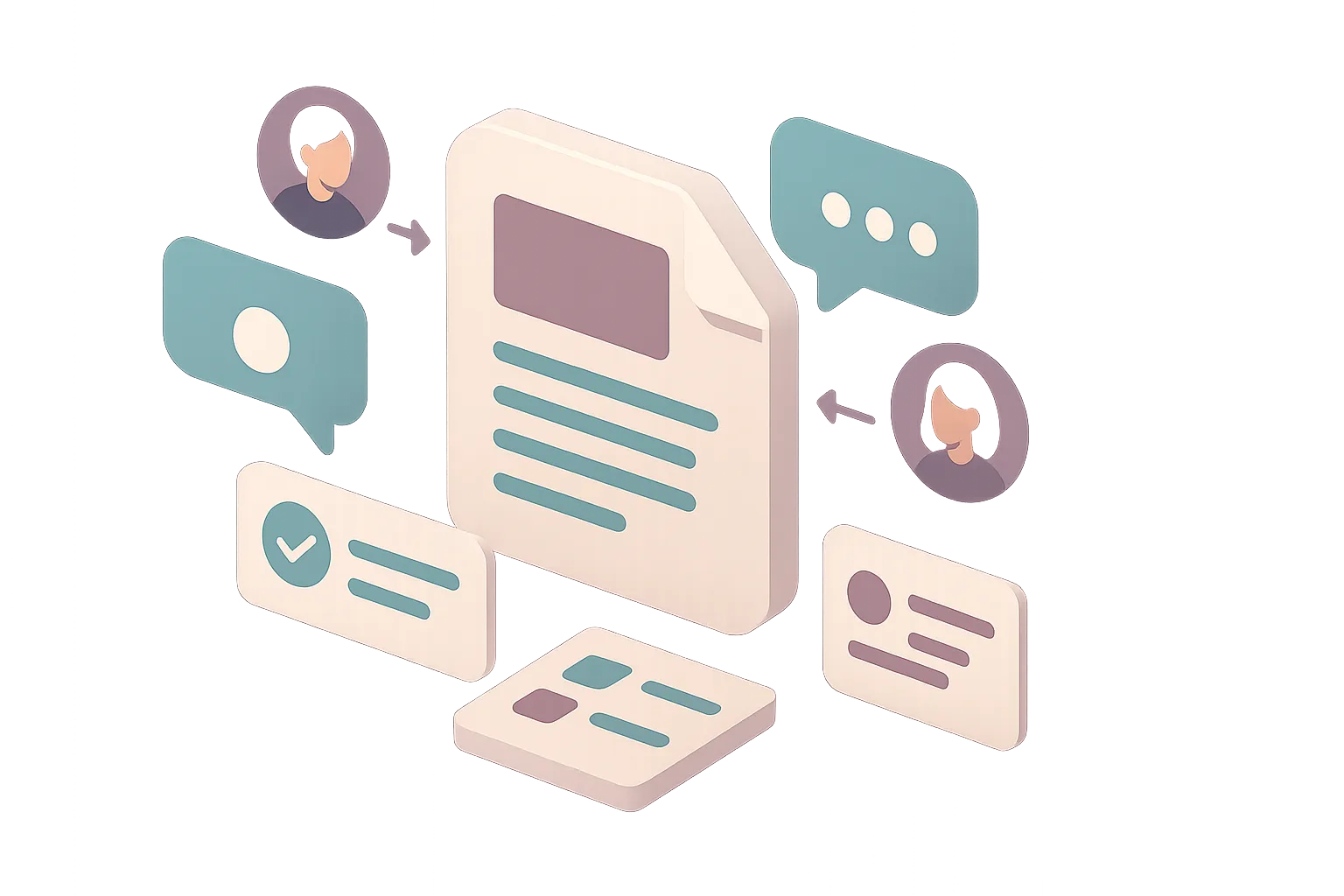 A developer workspace in isometric view, with elements floating around to represent the fullstack capabilities of the company
