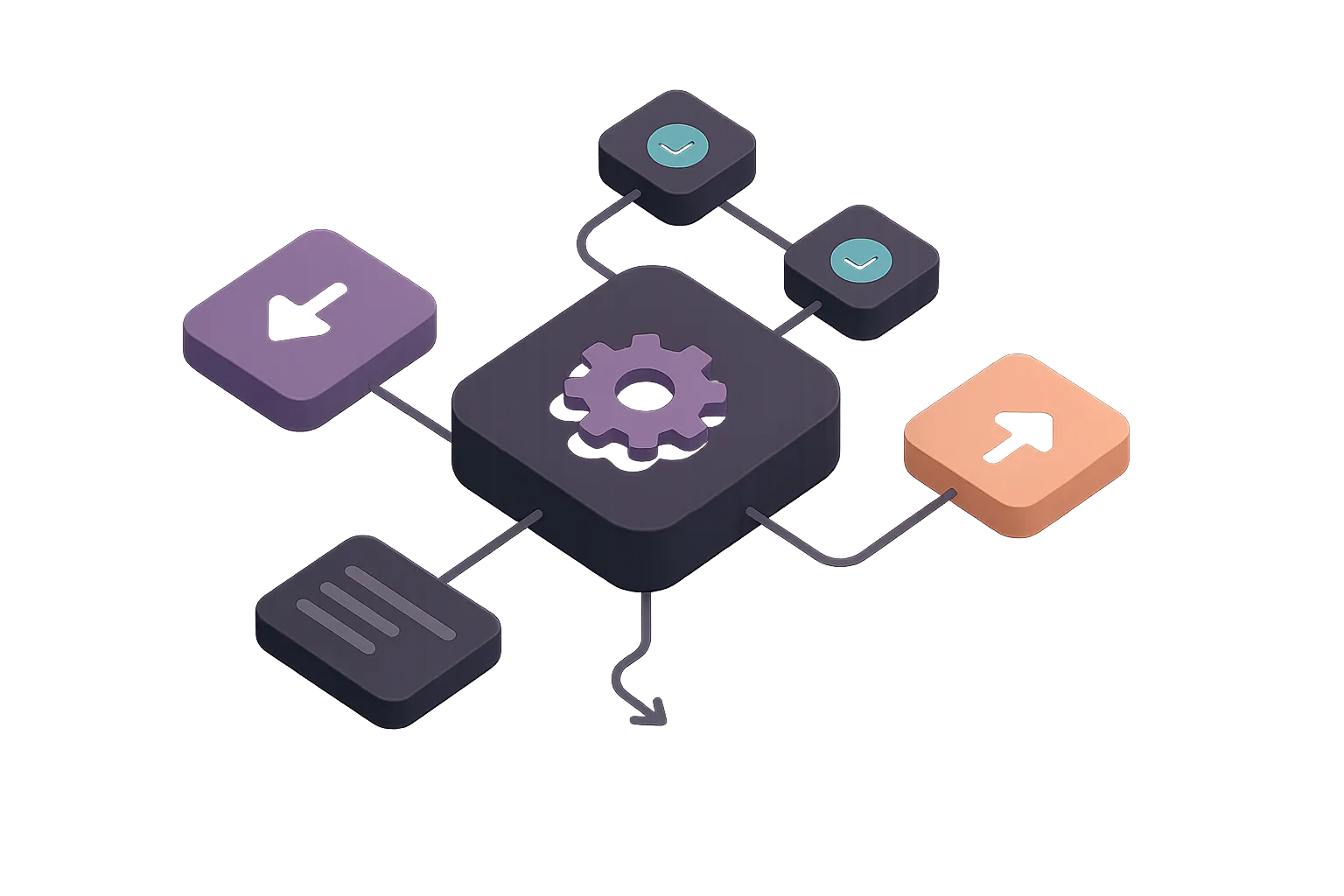 A developer workspace in isometric view, with elements floating around to represent the fullstack capabilities of the company