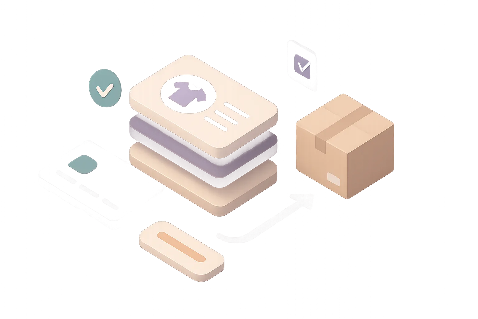 A developer workspace in isometric view, with elements floating around to represent the fullstack capabilities of the company