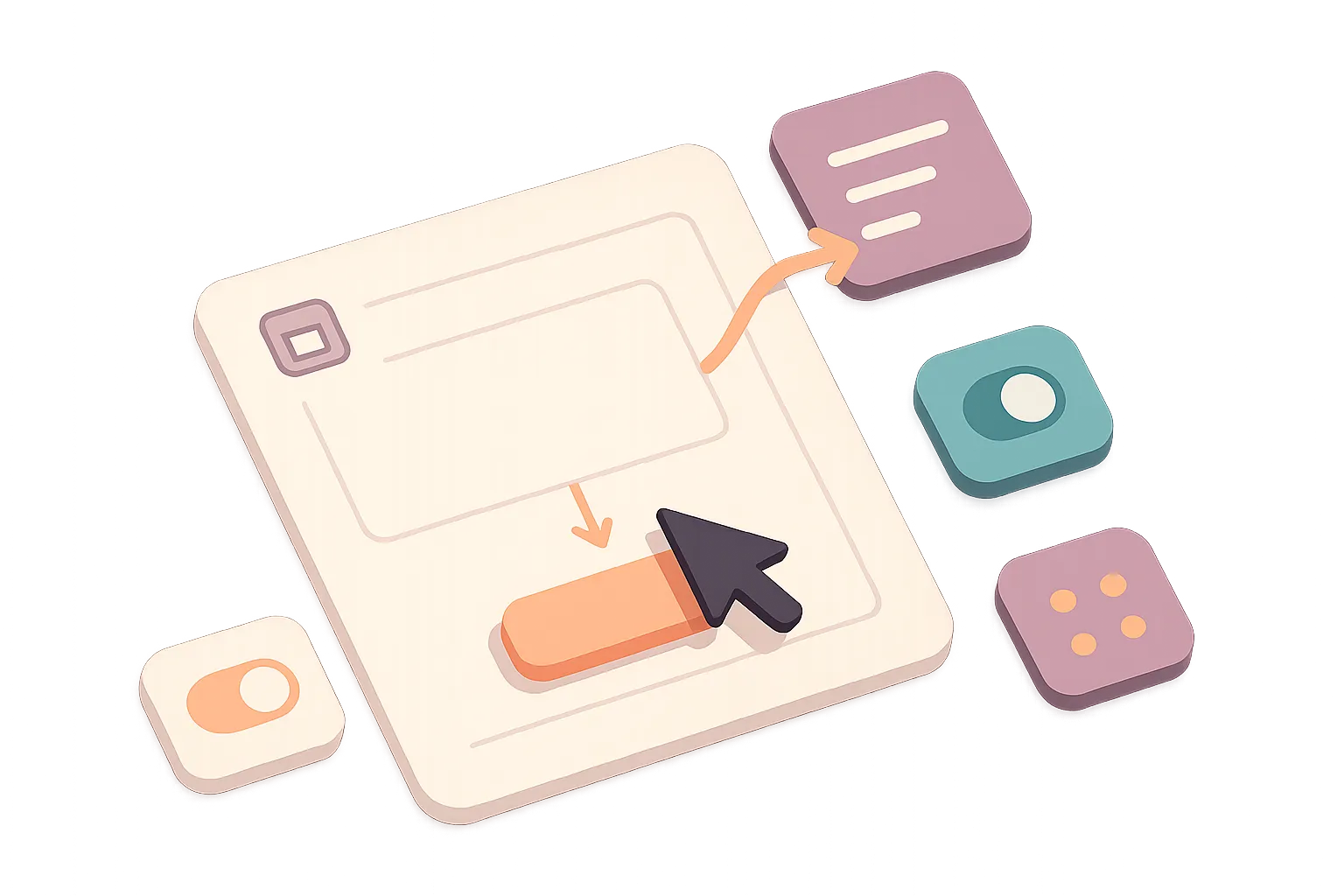 A developer workspace in isometric view, with elements floating around to represent the fullstack capabilities of the company