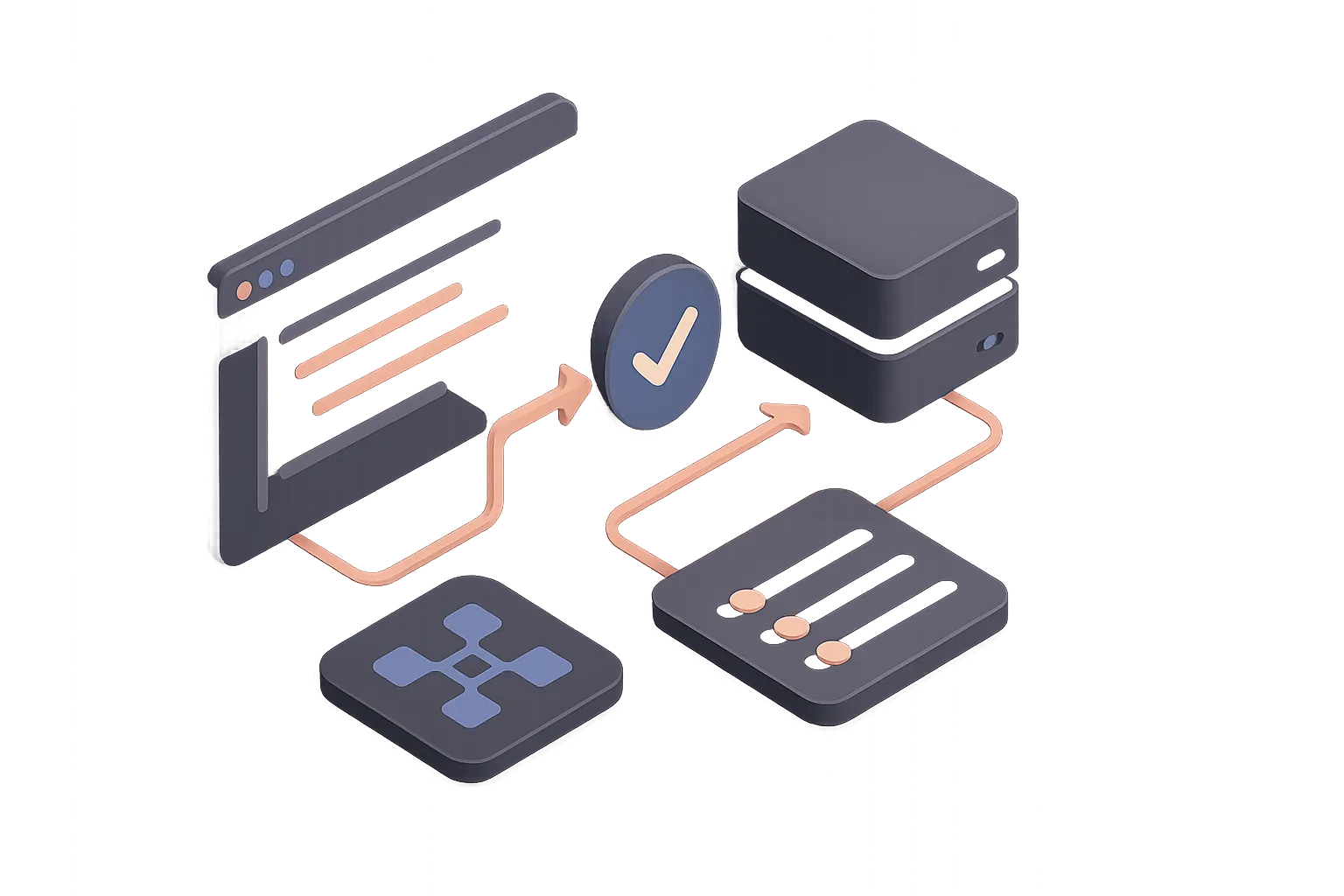 A developer workspace in isometric view, with elements floating around to represent the fullstack capabilities of the company